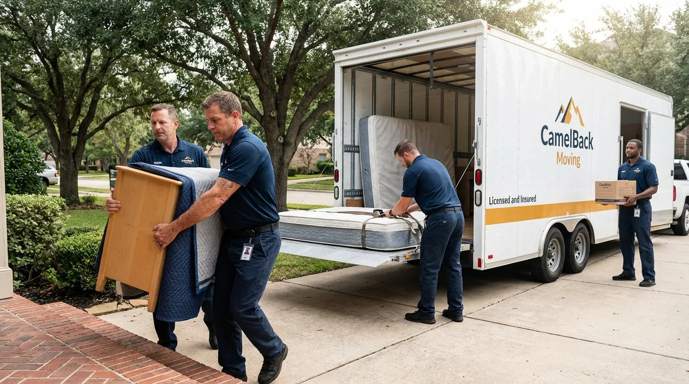 Crew loading residential truck for cross-state move from Crestline, CA