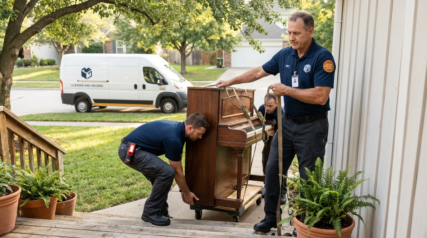Licensed piano movers securing grand piano in Crestline, CA