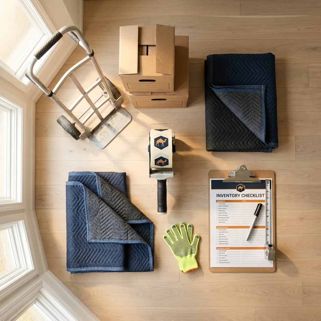 Professional moving supplies and packing materials layout for Crestline residential relocations